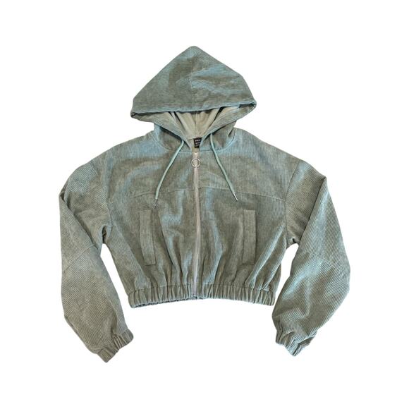 Shein Sage Green Cropped Corduroy Hoodie Jacket Zip Up Women’s Size Small - Picture 4 of 8